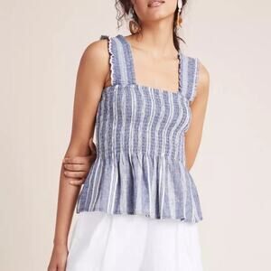 Anthropologie Maeve Schuyler‎ Smocked Blue & White Striped Peplum Top Sz M